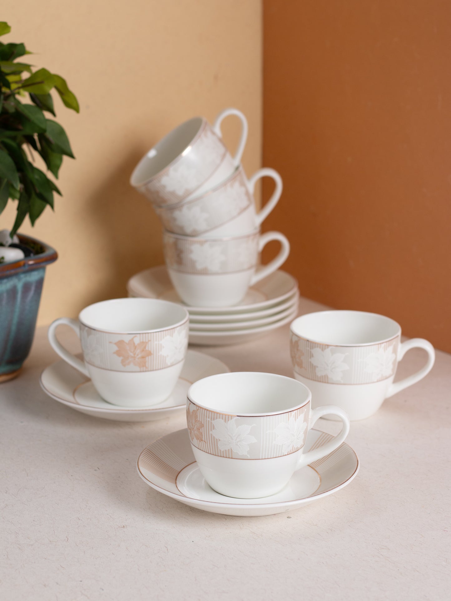 JCPL Cream Royal Cup & Saucer, 170ml, Set of 12 (6 Cups + 6 Saucers) (R420)