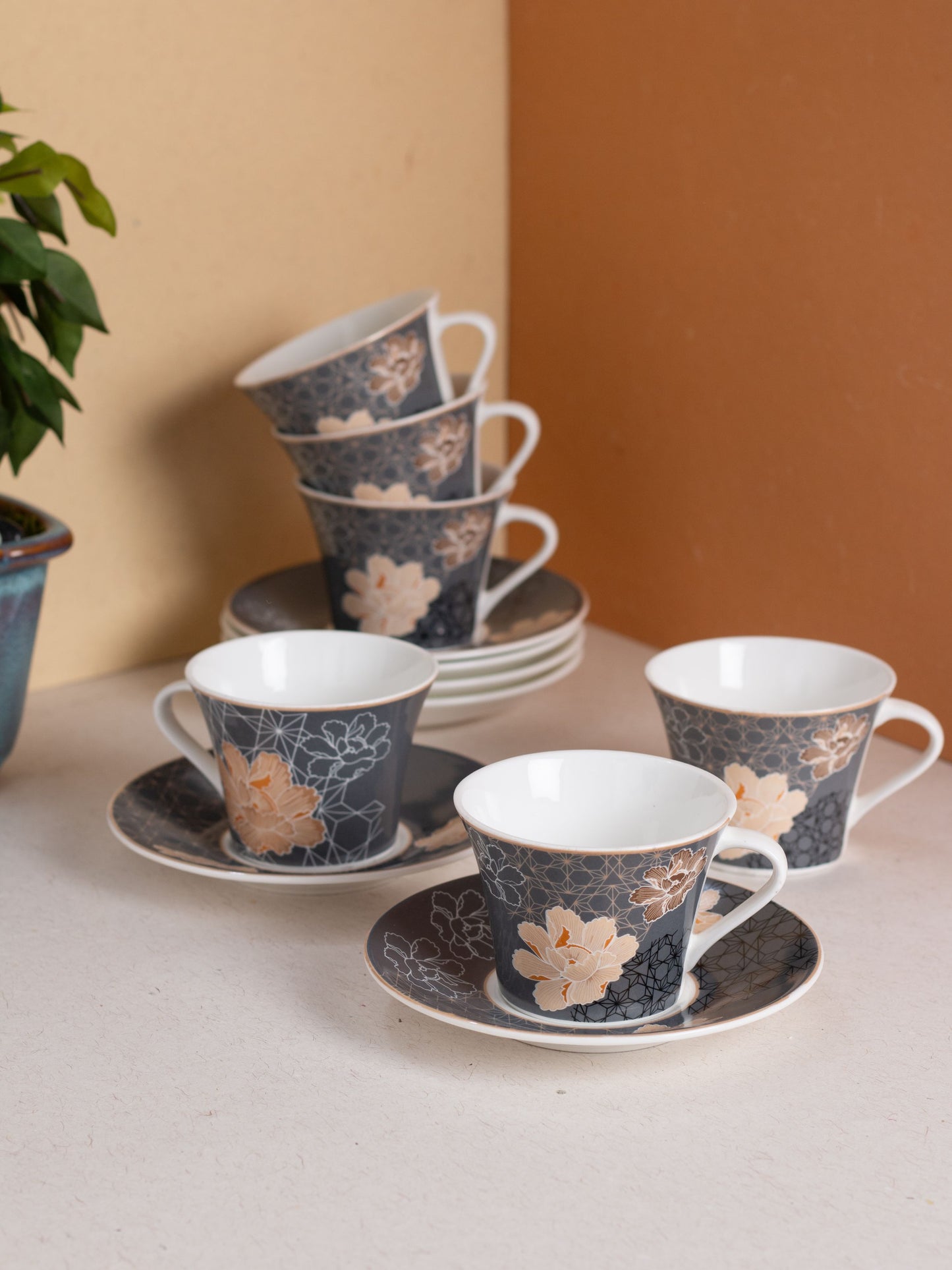 JCPL Gorge Gardenia Cup & Saucer, 160ml, Set of 12 (6 Cups + 6 Saucers) (GS308)