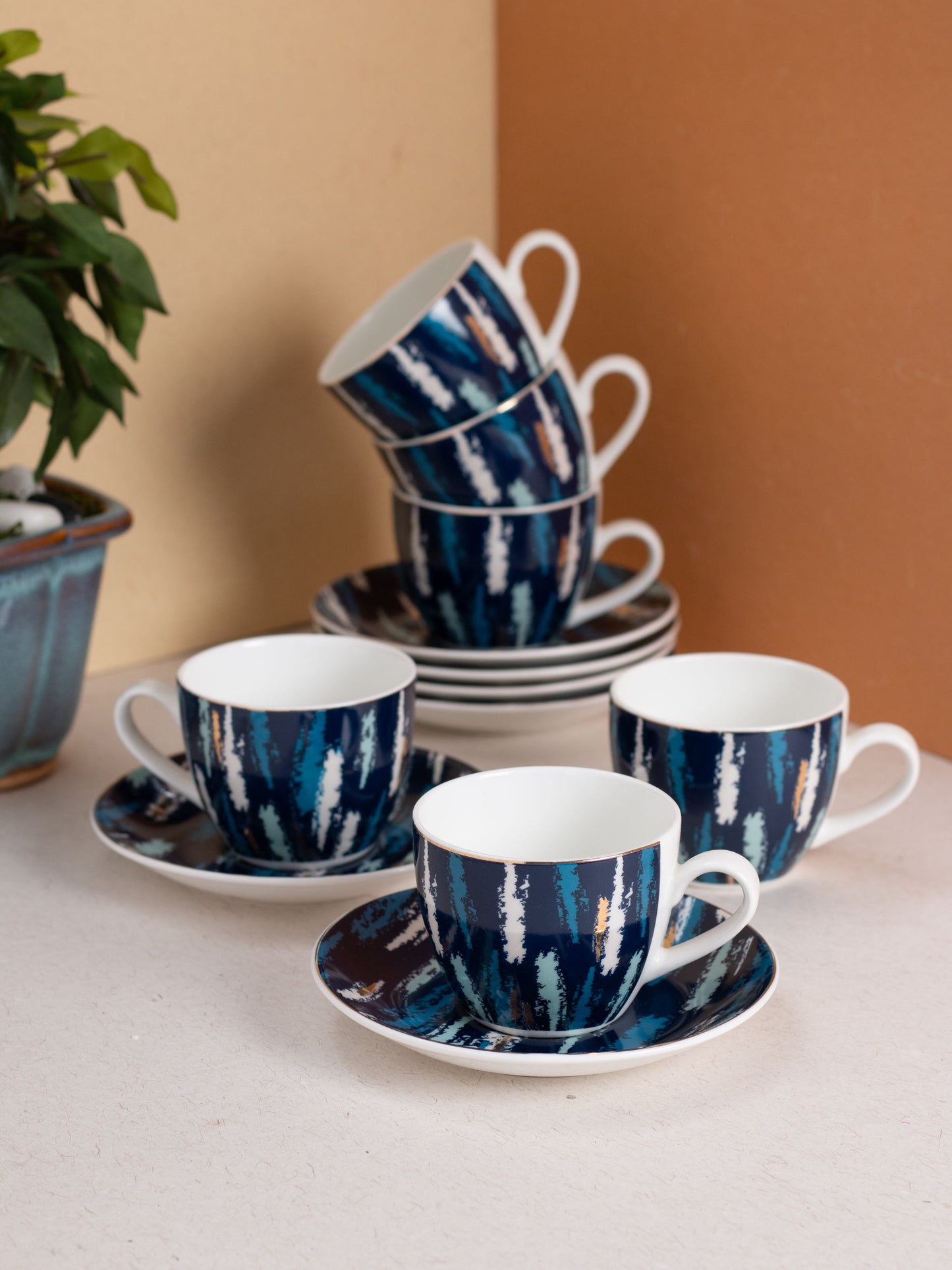 JCPL Cream Posh Cup & Saucer, 170ml, Set of 12 (6 Cups + 6 Saucers) (D406)