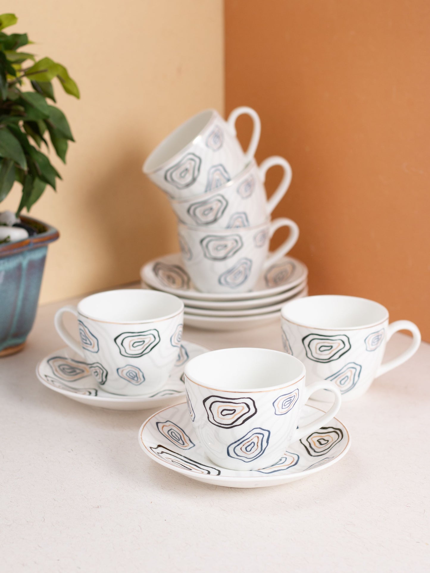 JCPL Cream Posh Cup & Saucer, 170ml, Set of 12 (6 Cups + 6 Saucers) (D405)
