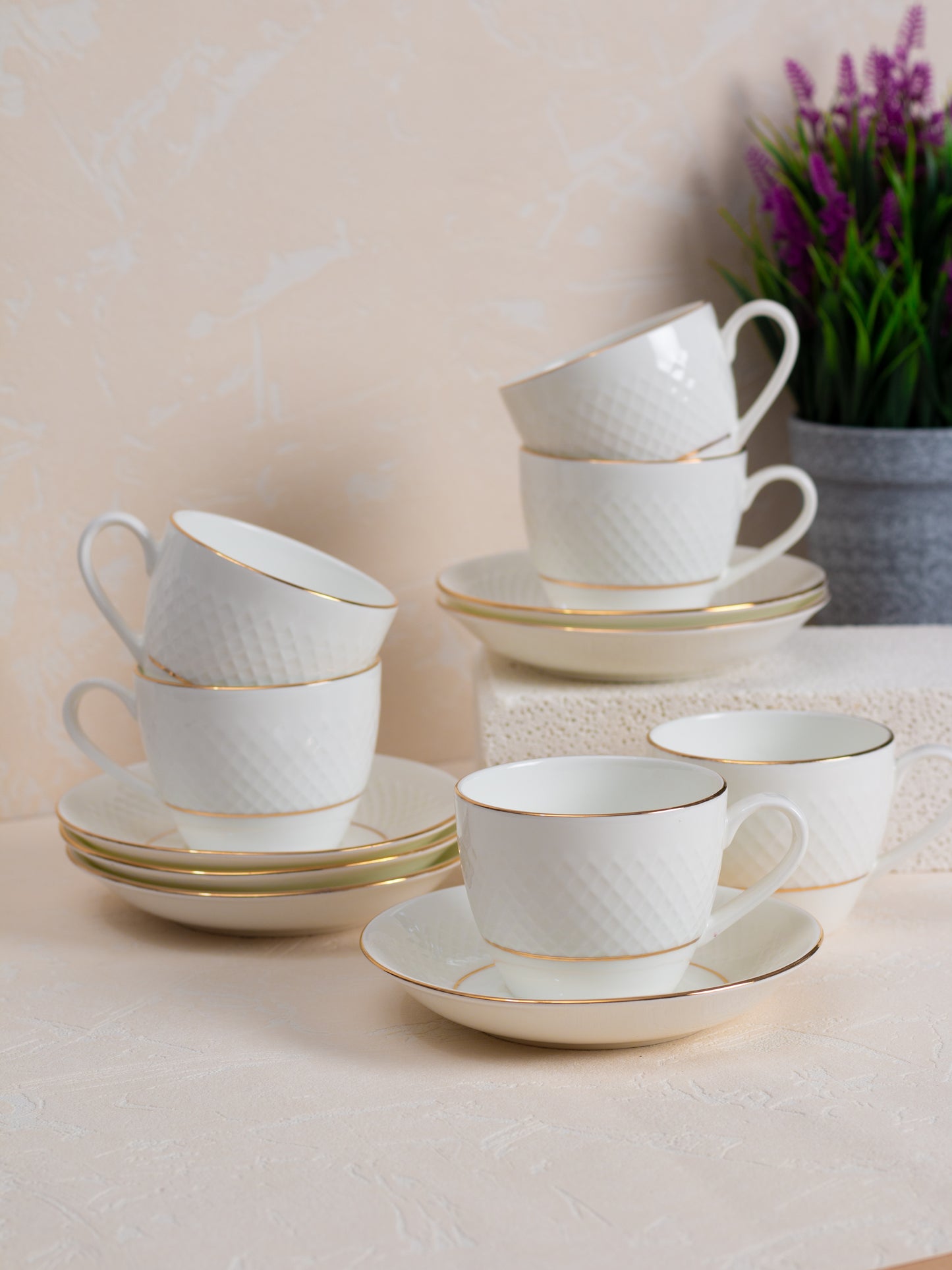 JCPL Pyro Gold Line Cup & Saucer, 180ml, Set of 12 (6 Cups + 6 Saucers) (110)