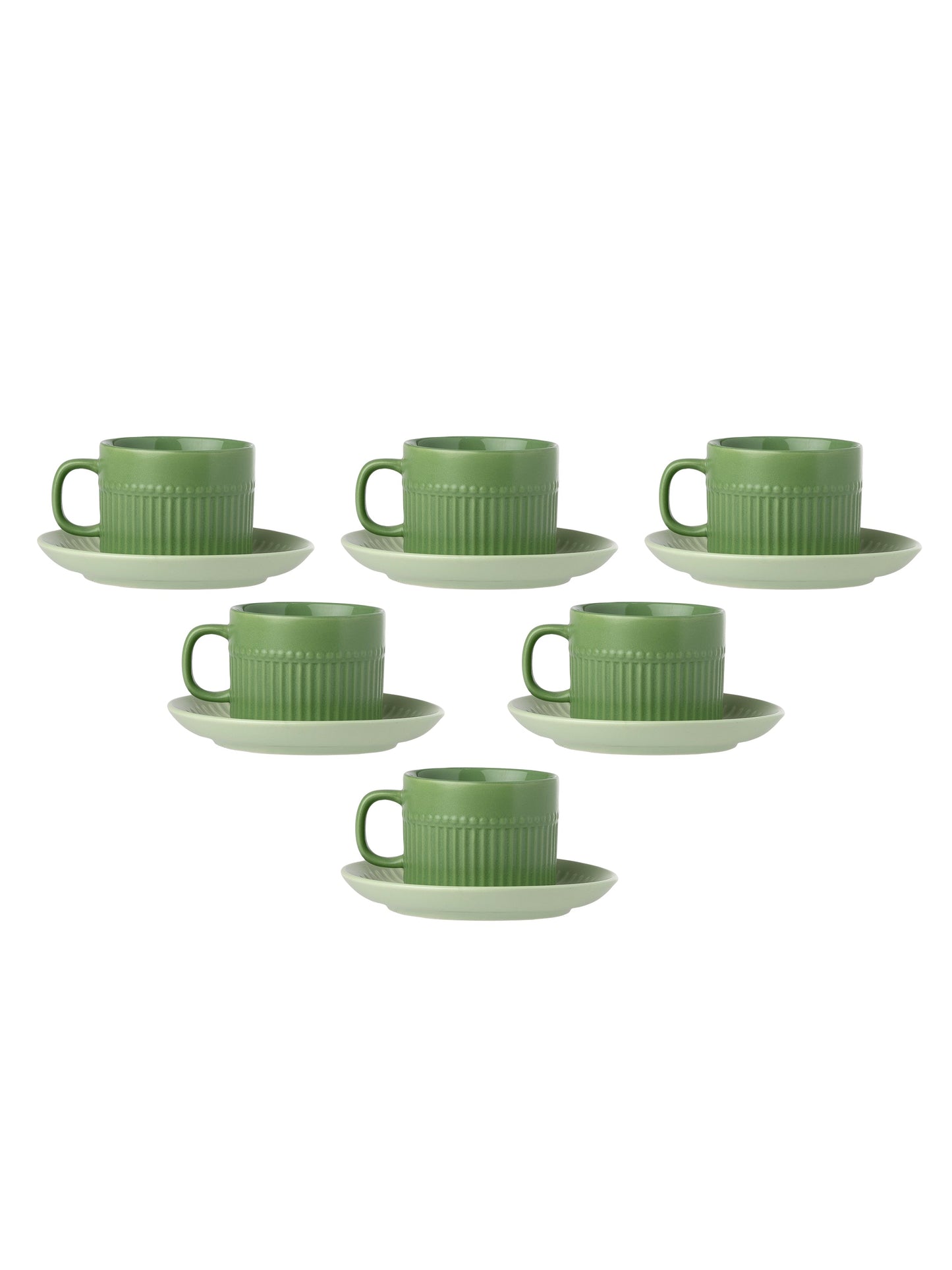 Crimson Matte Pebble Green Cup & Saucer, Set of 12 (6 Cups + 6 Saucers), 210 ml