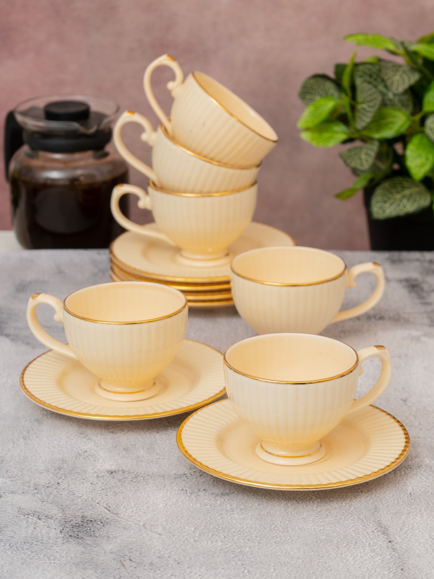 Julie Impression 1401 Elegant Cup & Saucer, Set of 12 (6 Cups + 6 Saucers) (IVORY)