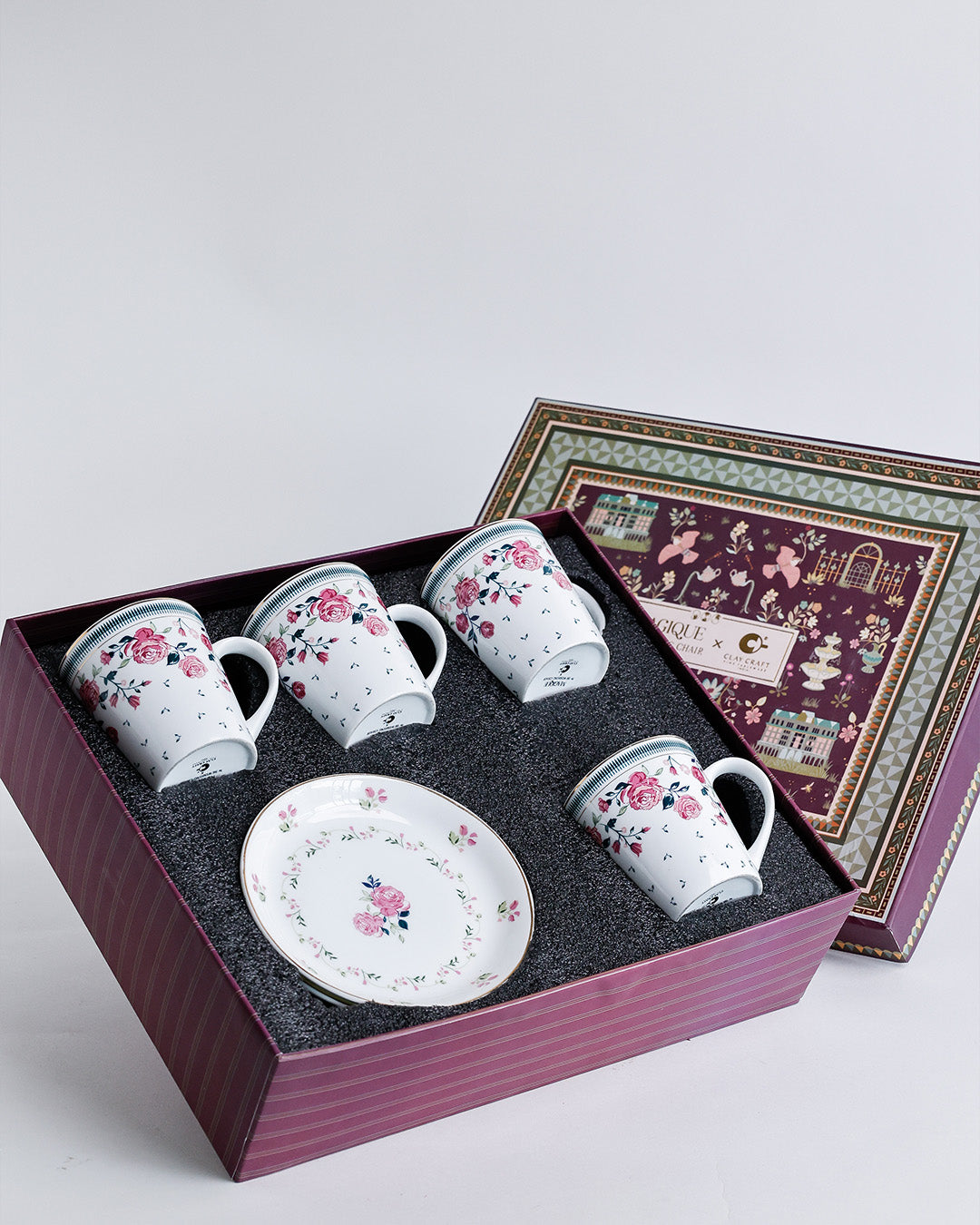 Magique by The Wishing Chair x Clay Craft, Portrait of a Rose Zing Coffee Mug with Dessert Plates Set of 8 Pcs (4 Mugs + 4 Plate)