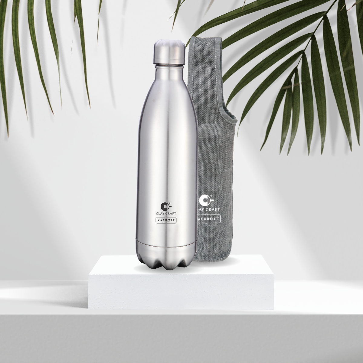 Vacbott Stark Vacuum Insulated Double Walled Water Bottle 18 Hrs Hot & 24 Hrs Cold Stainless Steel Flask with Bag, Silver, BIS Certified, 500/1000ml