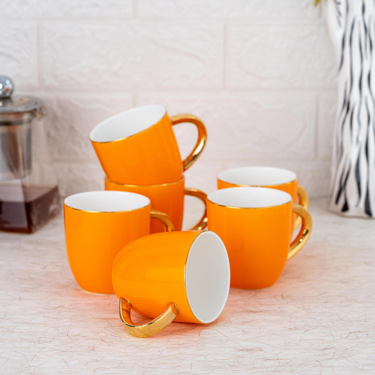 JCPL Ornate Skylight Coffee Mug/ Tea Cup, 210ml, Set of 6, Orange