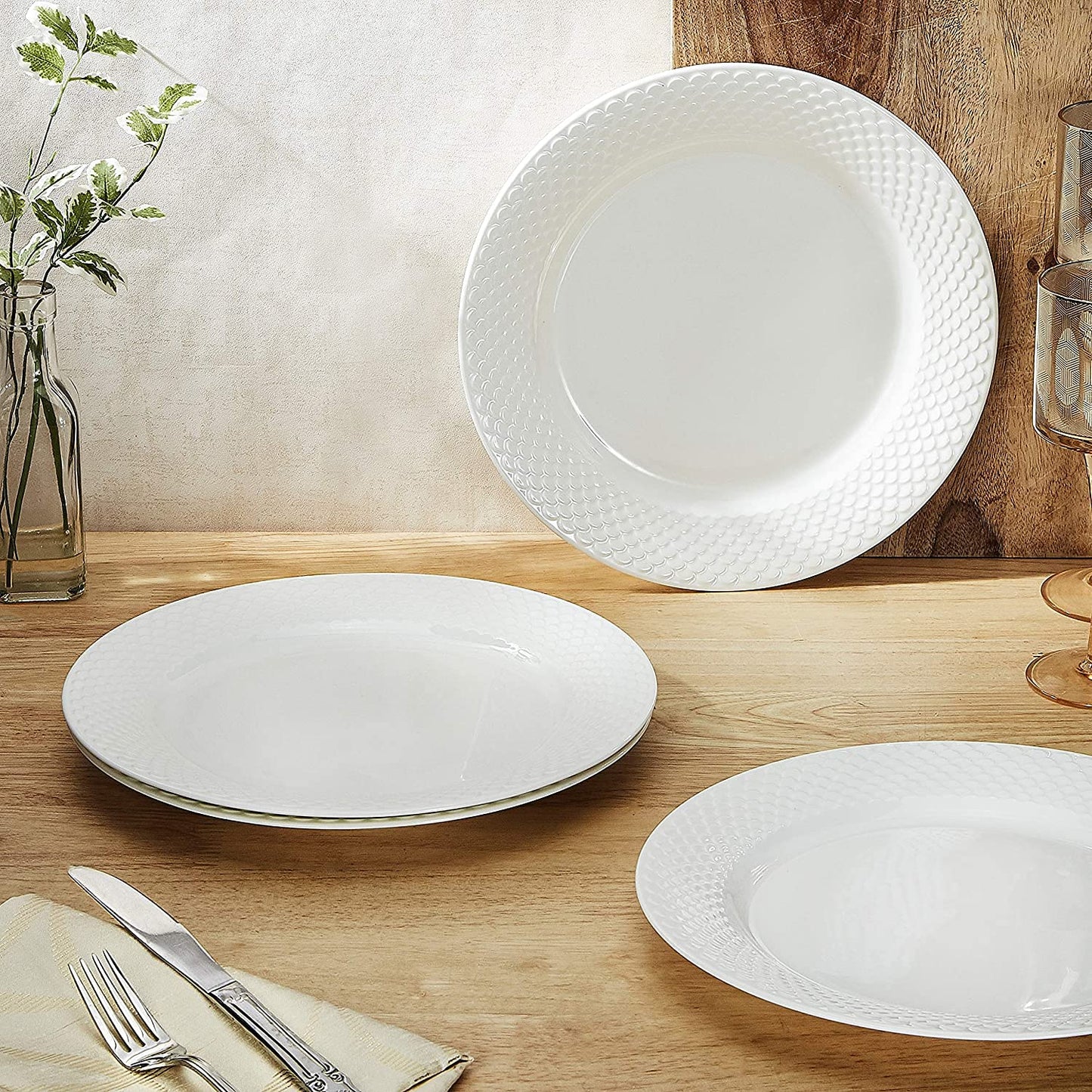 Clay Craft Basic Dinner Plate Ripple 4 Piece 10.5" Plain White