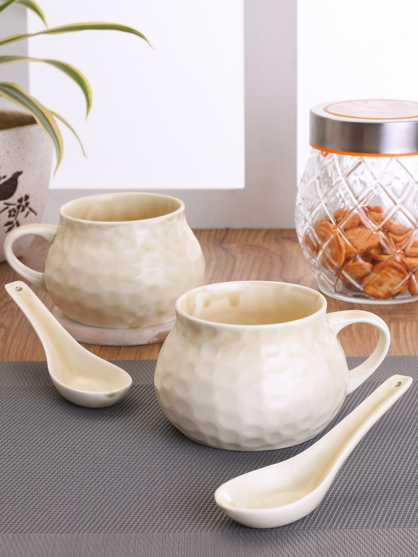 Ceramic Creme Soup Bowl & Cup with Spoon ,300ml, Set of 2+2 (HA1)