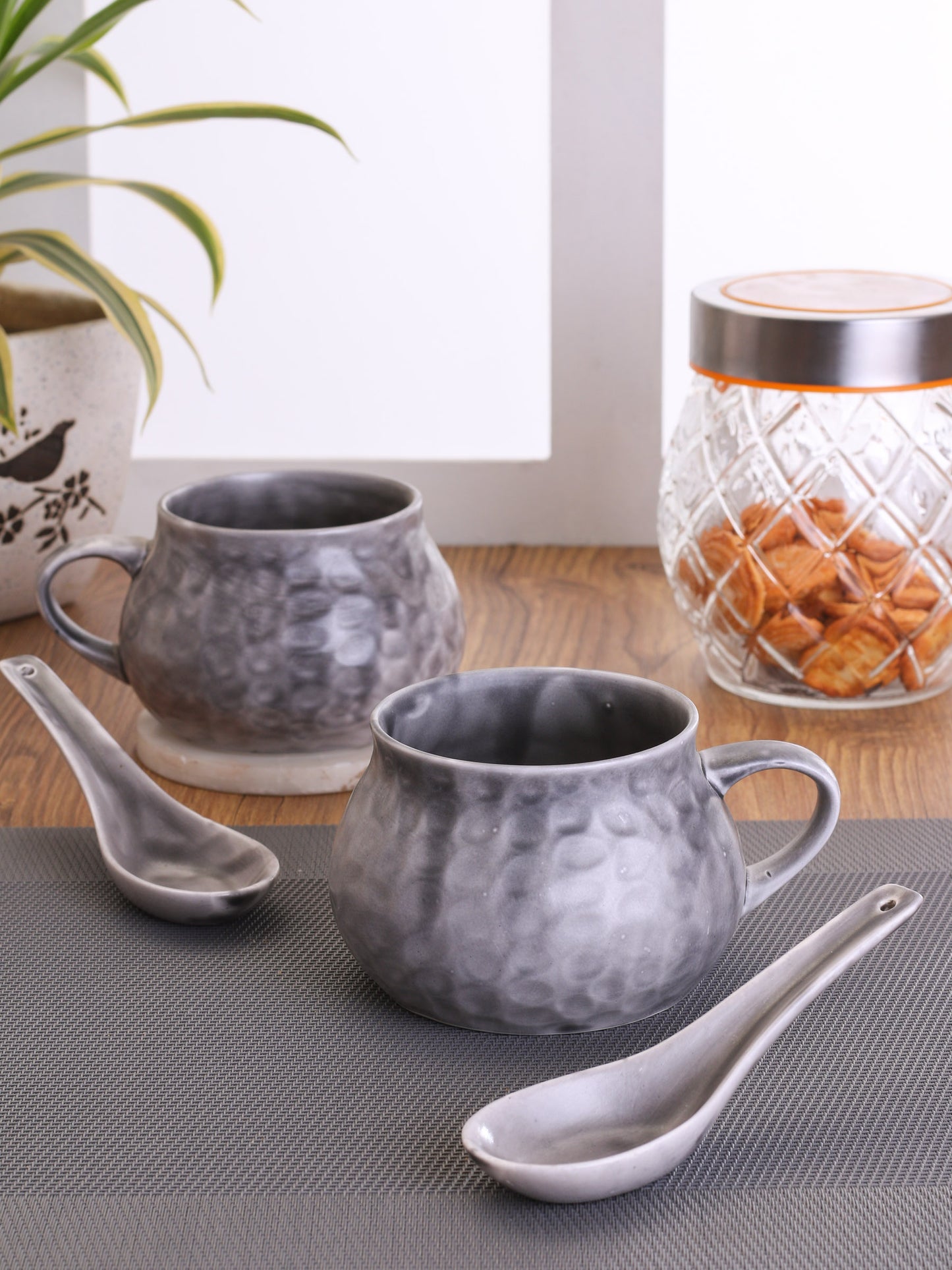 Ceramic Creme Soup Bowl & Cup with Spoon ,300ml, Set of 2+2 (HA3)