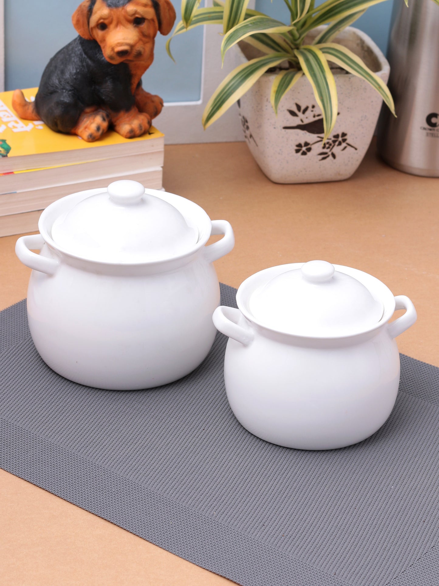 Clay Craft Basic Bowl Pot Belly 2 Piece Small & Big Plain White - Clay Craft India