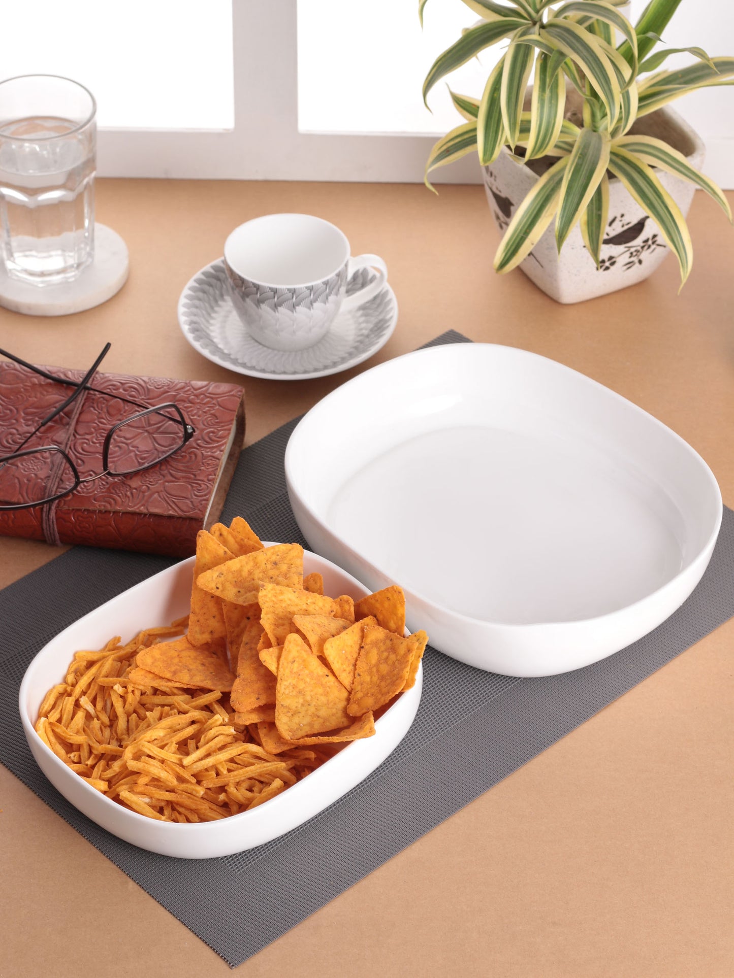 Clay Craft Basic Platter River Deep Dish Medium & Big 2 Piece Plain White - Clay Craft India