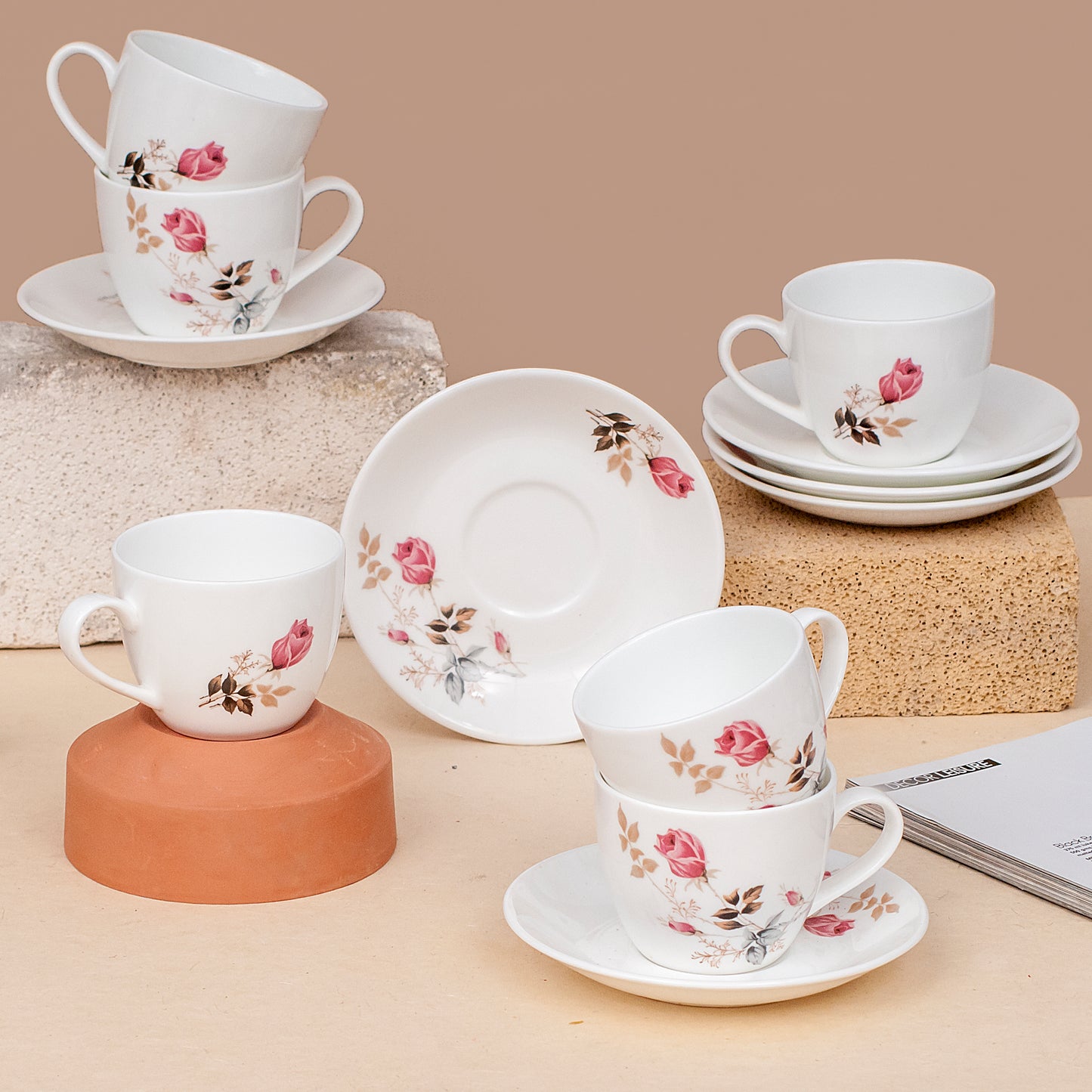 Cream Floral Cup & Saucer 170ml, Set of 12 (6 Cups + 6 Saucers), 082