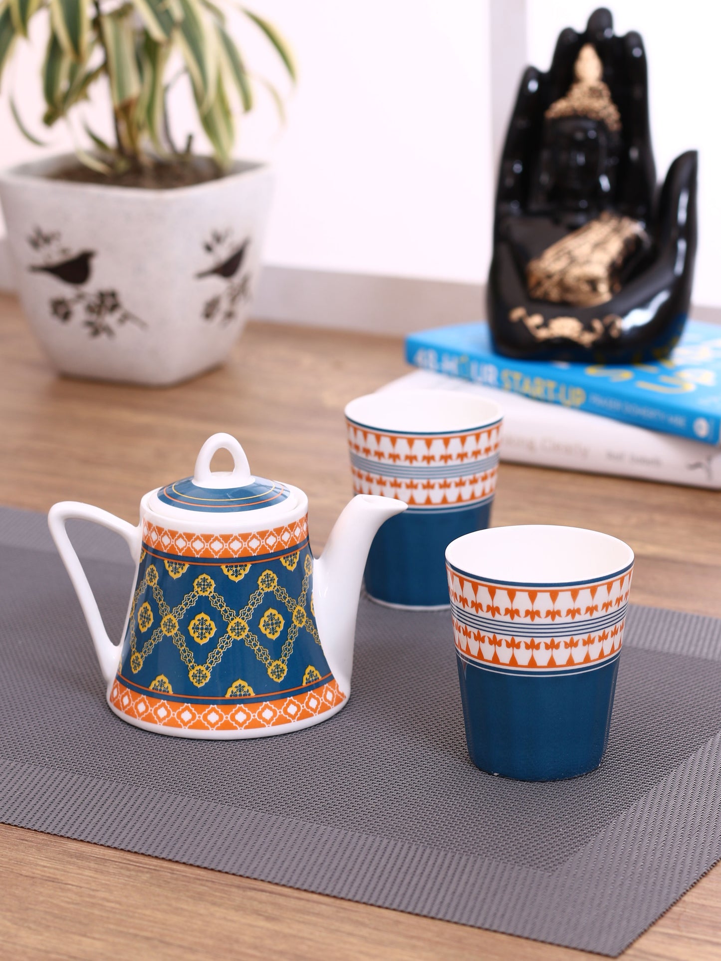 India Circus Floral Illusion Two Cutting Chai Set of 3 - Clay Craft India