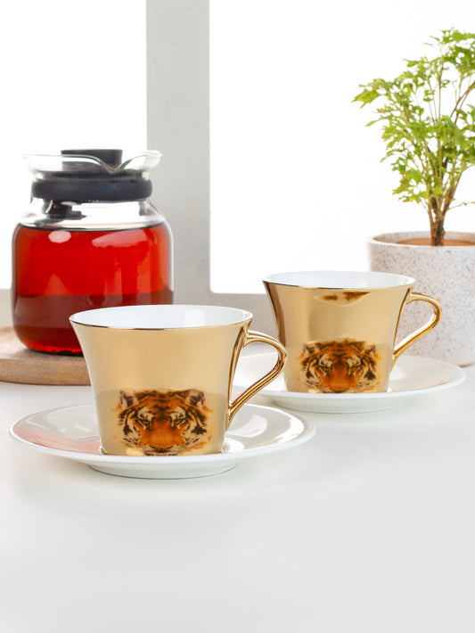 Mirror Series Tiger Pattern Cup & Saucer Set of 12 (6+6) - Clay Craft India