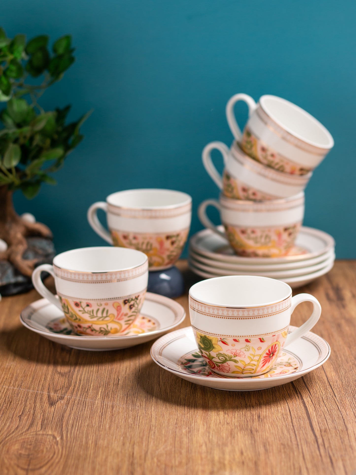 Cream Fiesta Cup & Saucer, 170 ml, Set of 12 (6 Cups + 6 Saucers) (FI801)