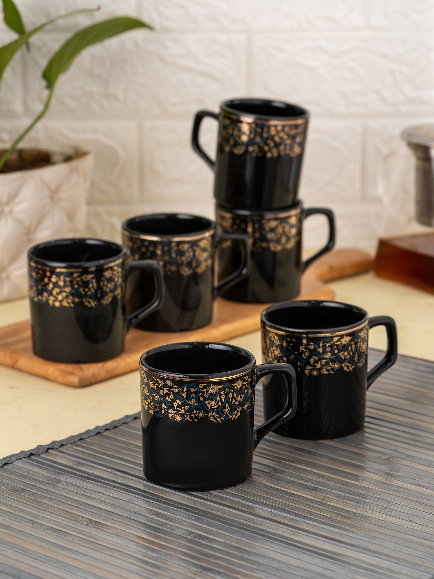 Director Ebony Black Coffee & Tea Mugs, 200ml, Set of 6 (E603)