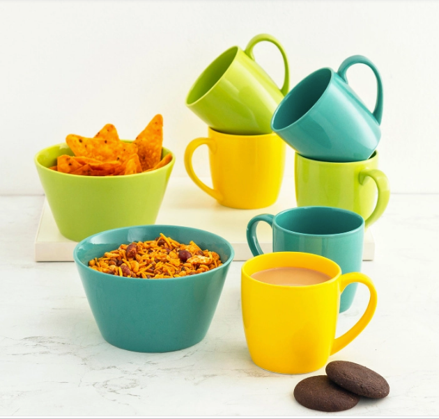 Ceramic Multicolor Munch Snack Set (6 Mugs + 2 Bowls)