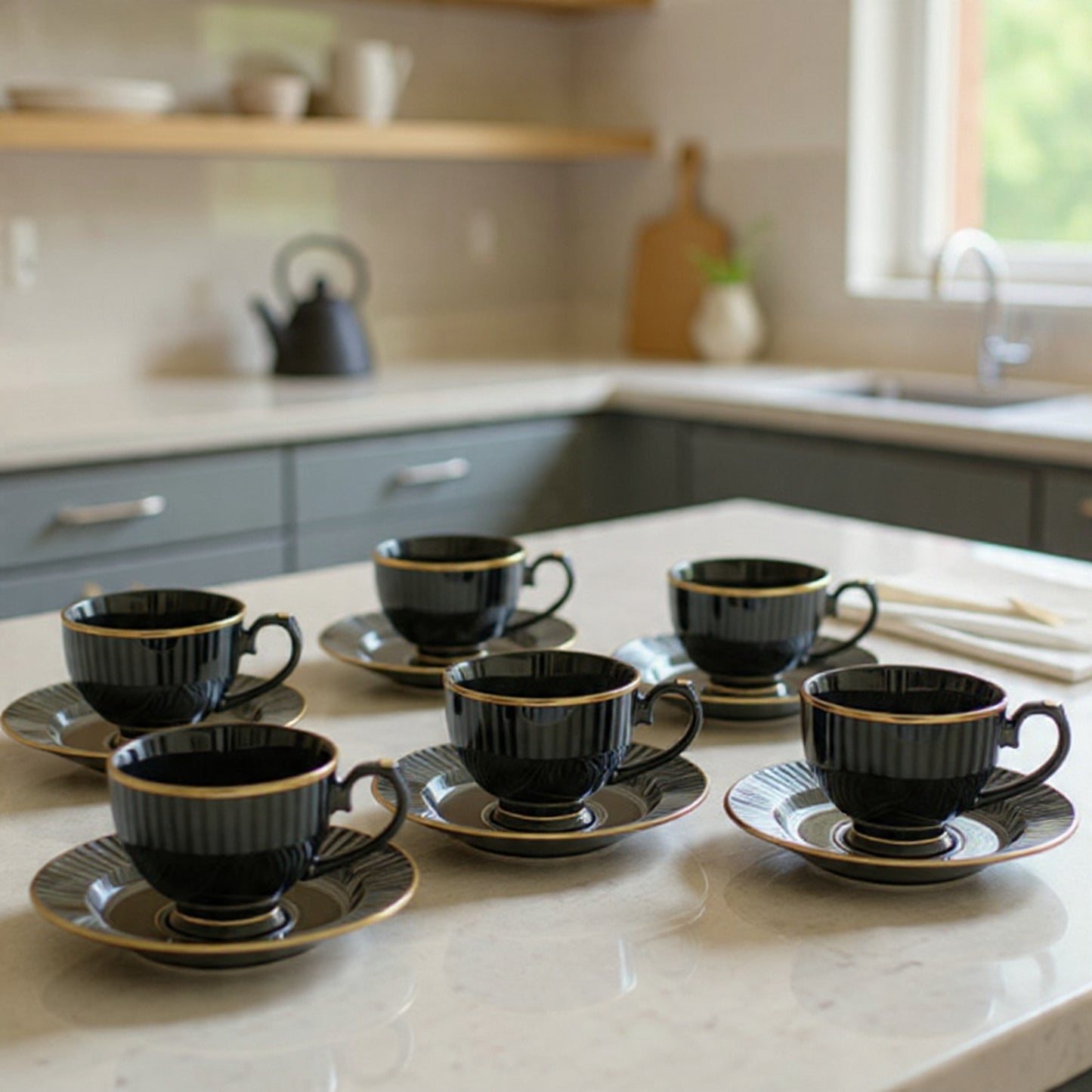 Clay Craft Julie Impression Cup & Saucer, Set of 12 (6 Cups + 6 Saucers), 170 ml, (Black)