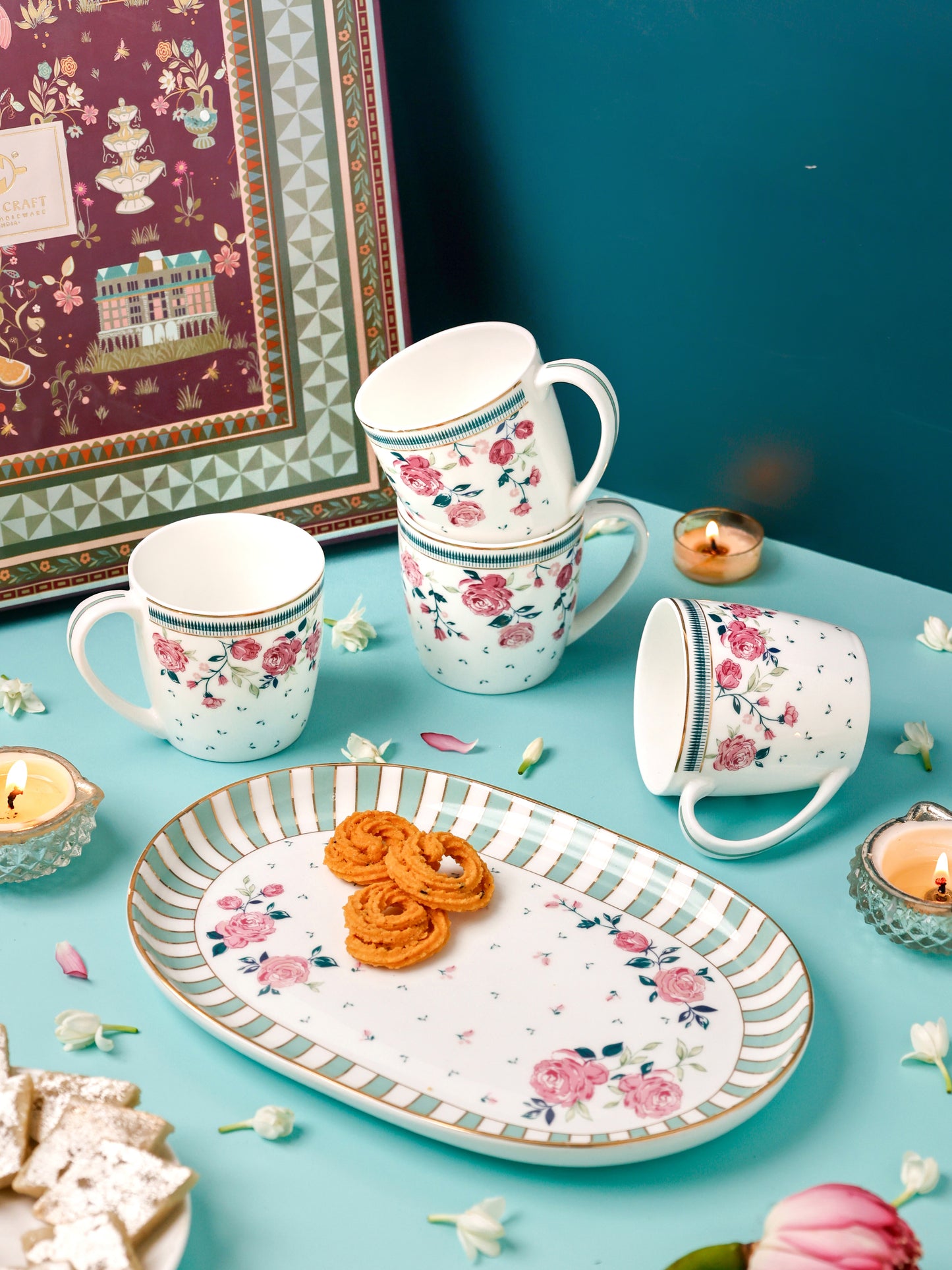 Magique by The Wishing Chair x Clay Craft, Portrait of a Rose 1 Charlie Platter with 4 Alton Mug Set