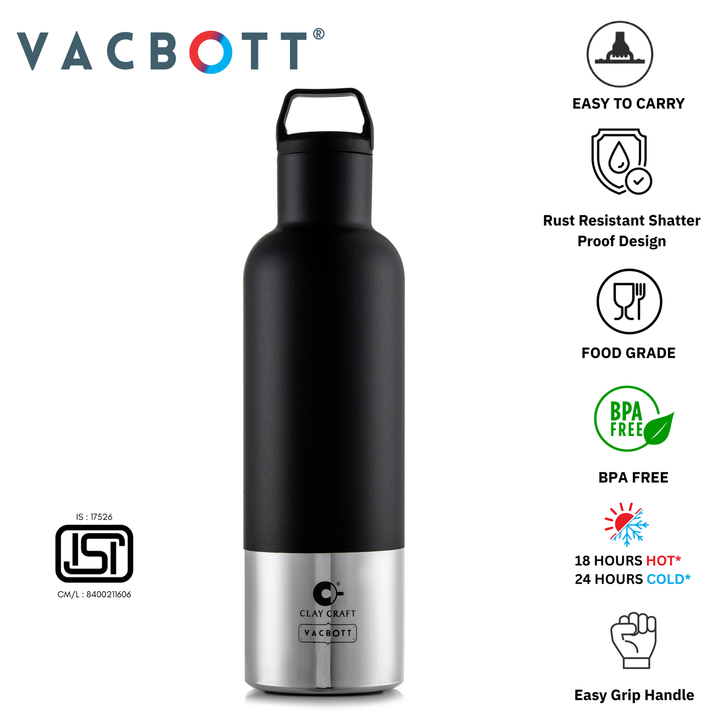 Vacbott Vacuum Bottle, Trekko Electro Double Walled 18 Hours Hot & 24 Hours Cold  Water Bottle Vacuum Insulated Hot & Cold Flask, 700/900ml