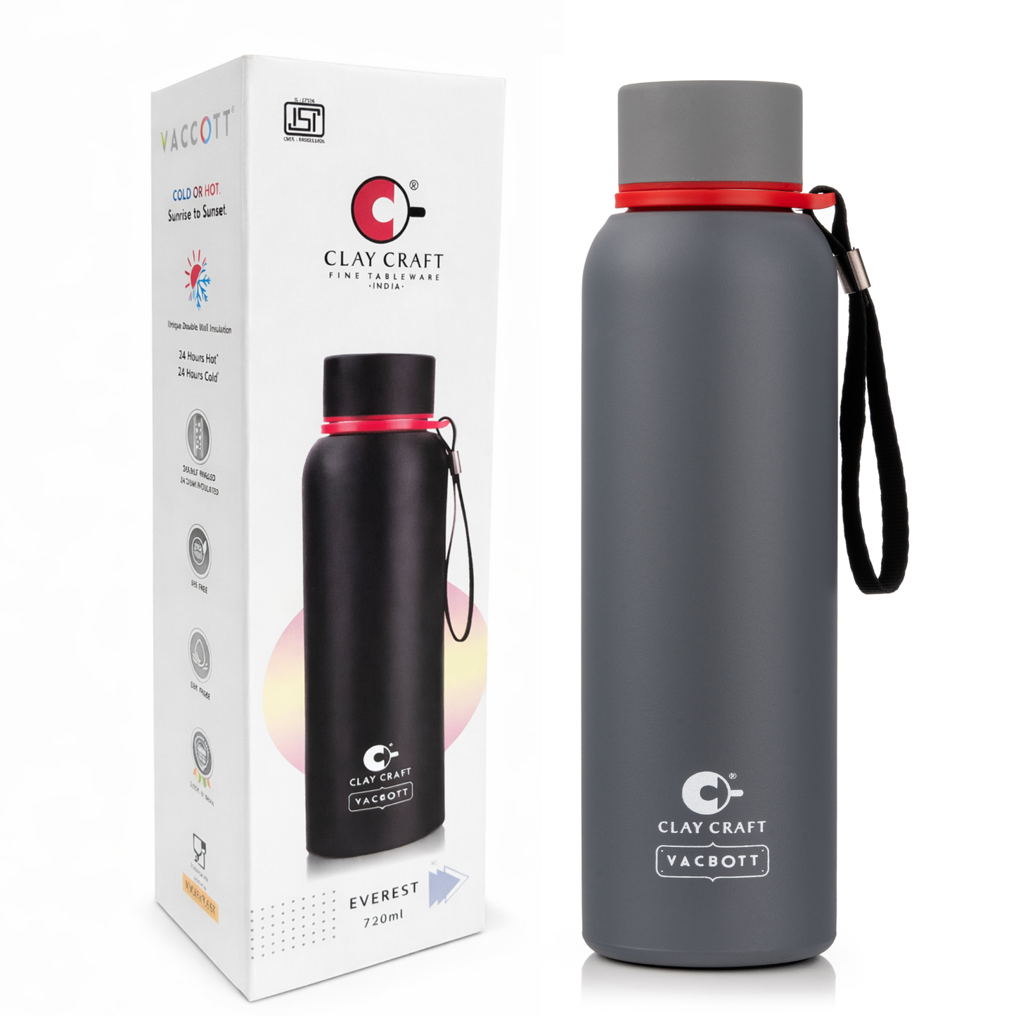 Vacbott Everest Vacuum Insulated Double Walled Water Bottle 18 Hrs Hot & 24 Hrs Cold Stainless Steel Flask, BIS Certified, 500/700/1000ml