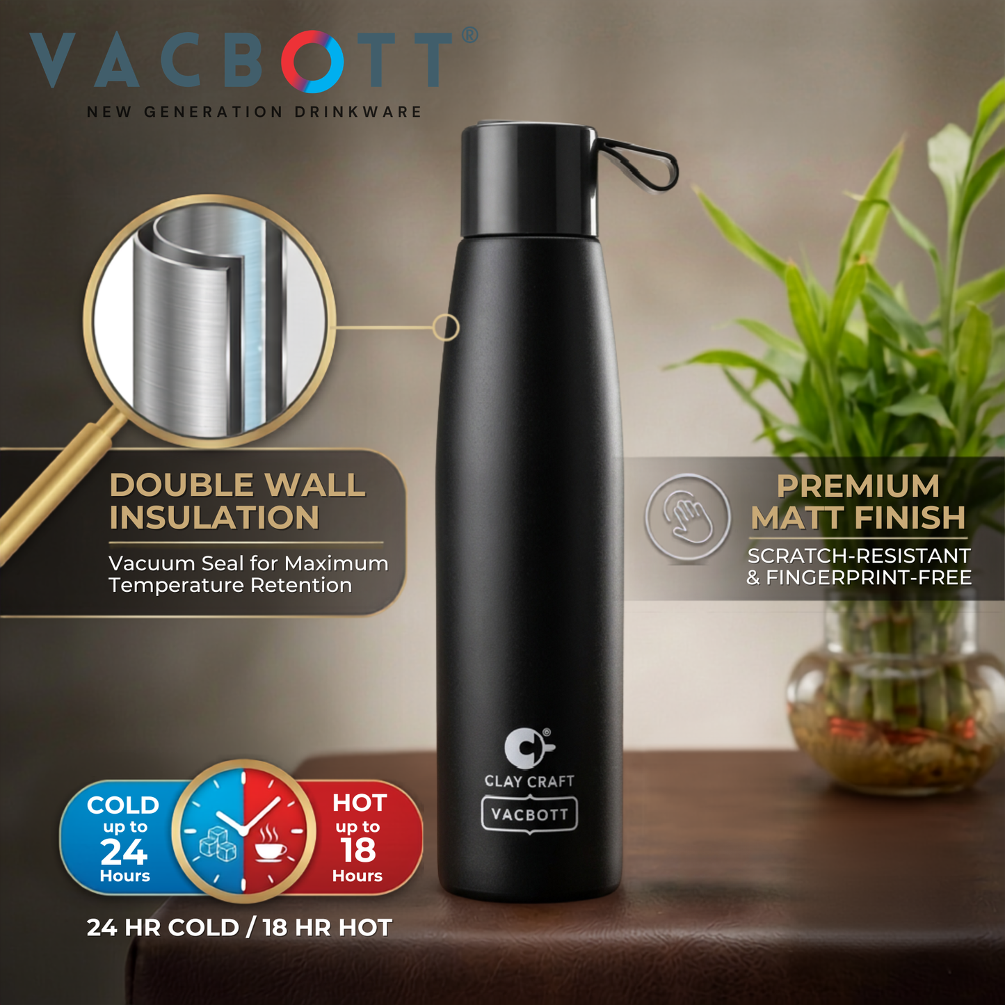 Vacbott Vacuum Bottle, Alpha 18 Hours Hot & 24 Hours Cold  Water Bottle Vacuum Insulated Hot & Cold Flask, Black Velvet. BIS Certified