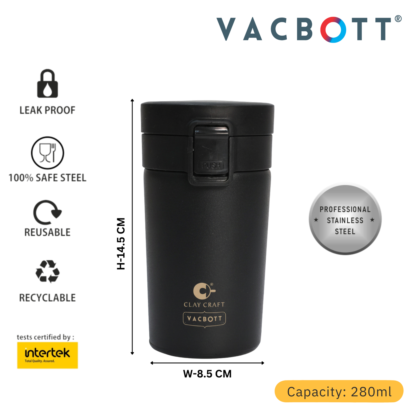 Vacbott Vacuum Caferoma Tumbler Double Walled 24 Hours Cold and 18 Hours Hot Mug 280 ml