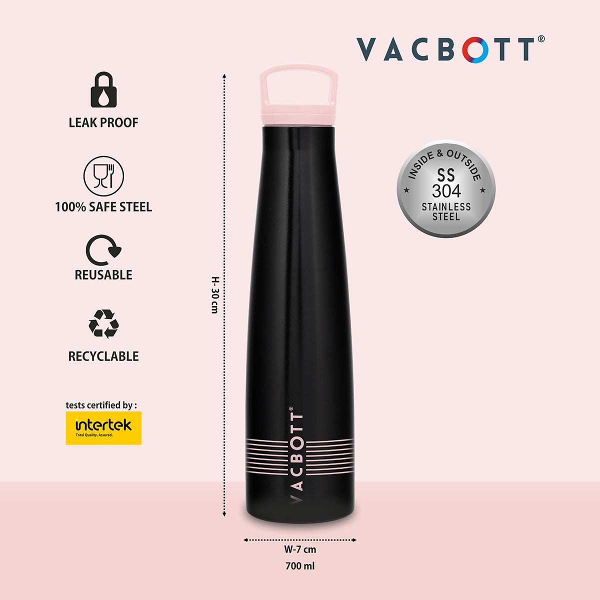 Vacbott Vaccum Bottle, Sleeko Double Walled 24 Hours Hot and Cold Water Bottle, 700ml