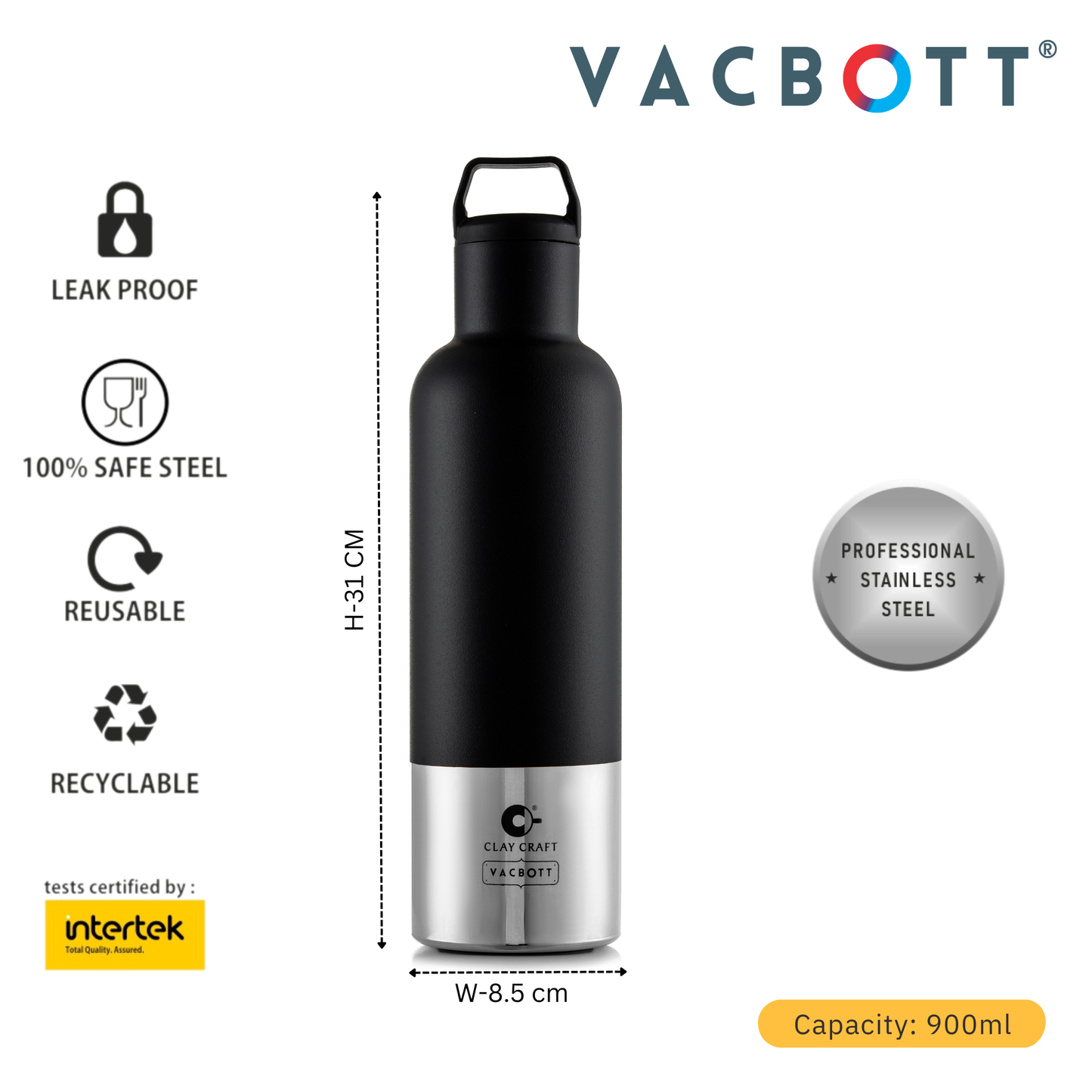Vacbott Vacuum Bottle, Trekko Electro Double Walled 18 Hours Hot & 24 Hours Cold  Water Bottle Vacuum Insulated Hot & Cold Flask, 700/900ml