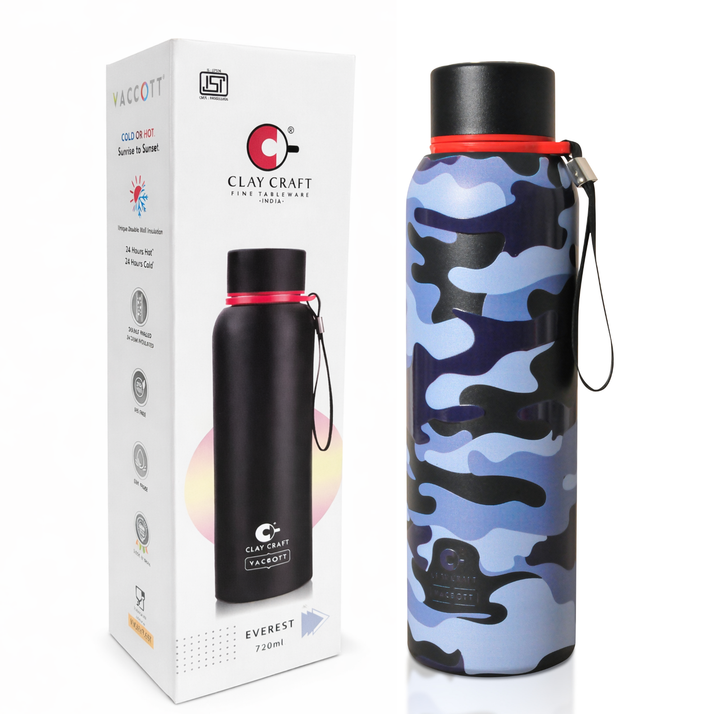 Vacbott Vacuum Bottle, Everest Military Double Walled 24 hours Cold & 18 hours Hot, 700ml