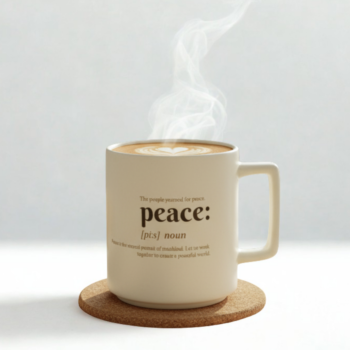 Mug with 'peace' definition text on a white background