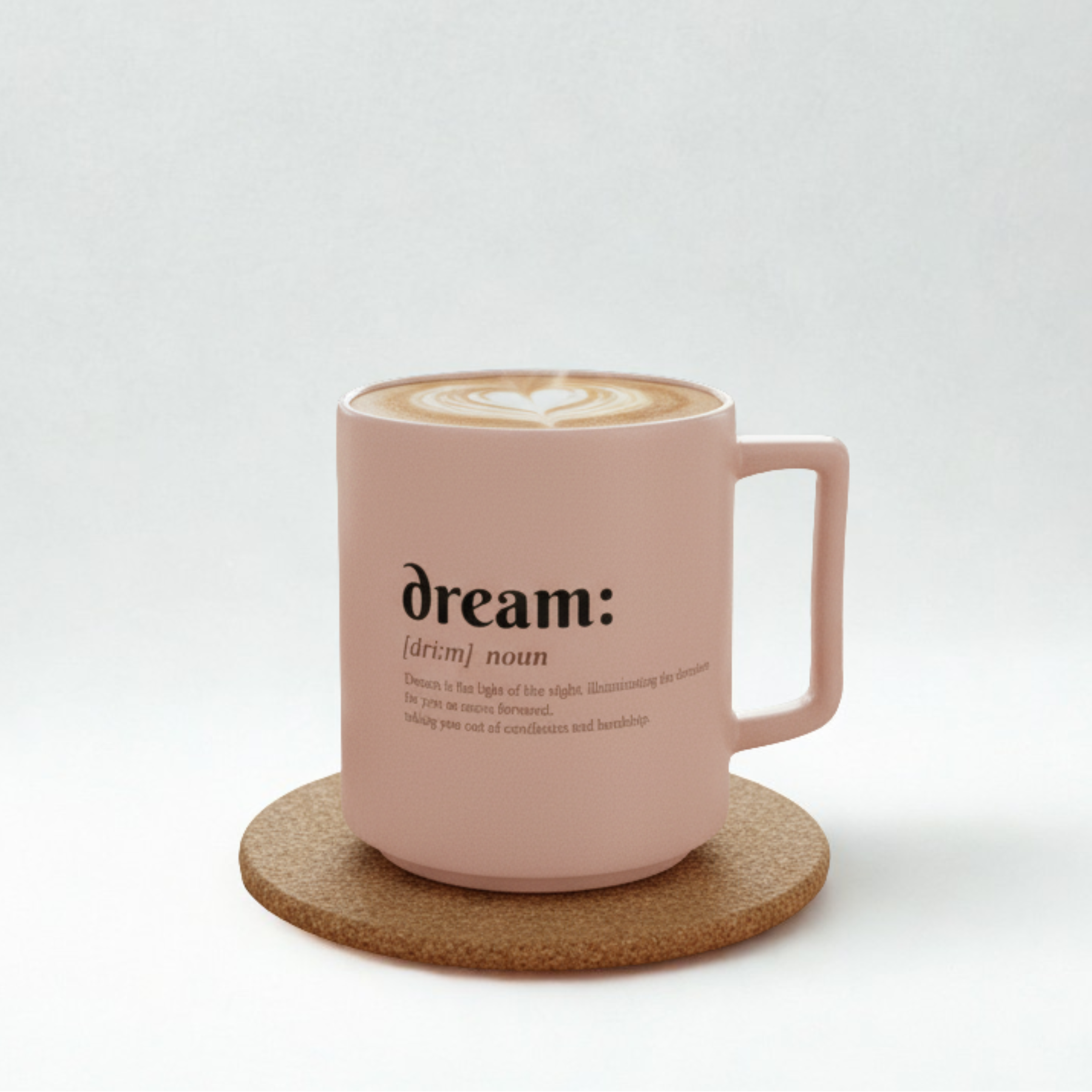 Pink mug with 'dream' definition text on a white background
