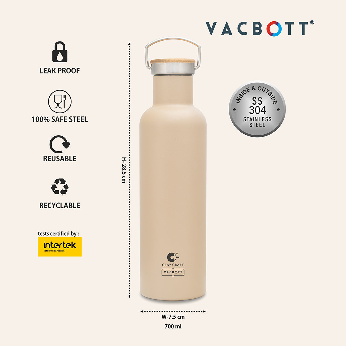 Vacbott Vaccum Bottle, Melissa Double Walled 24 Hours Hot and Cold Water Bottle