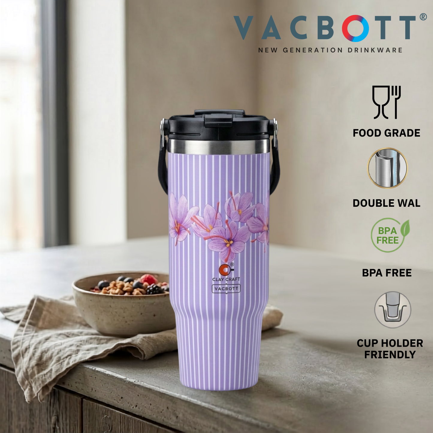 Vacbott Vacuum EverSip® Vintage Tumbler with Top Lid Handle 900 ml for Adults with Dual Flip Opening Sip-Swig Leakproof Lid for Office & Gym