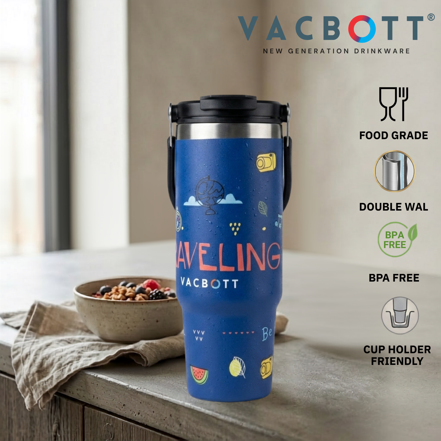 Vacbott Vacuum EverSip® Wanderlust Tumbler with Top Lid Handle 900 ml with Dual Flip Opening Sip-Swig Leakproof Lid