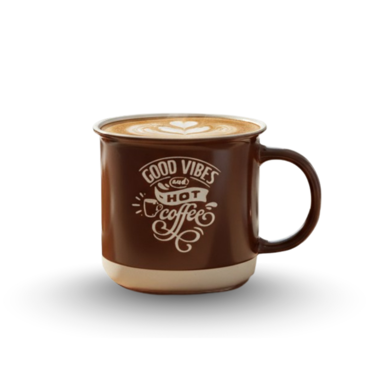 Brown mug with 'Good Vibes and Hot Coffee' text and cappuccino on a white background