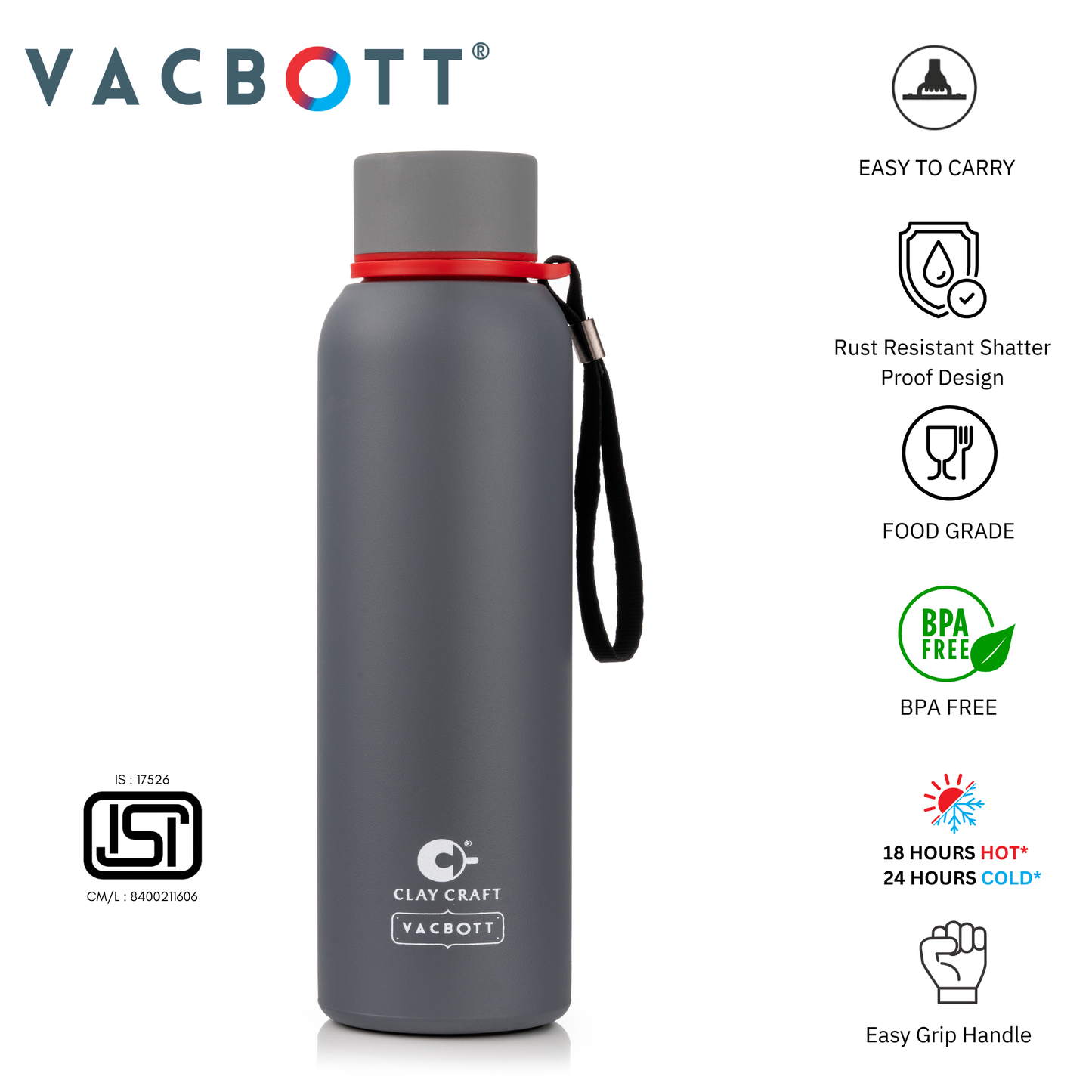Vacbott Everest Vacuum Insulated Double Walled Water Bottle 18 Hrs Hot & 24 Hrs Cold Stainless Steel Flask, BIS Certified, 500/700/1000ml