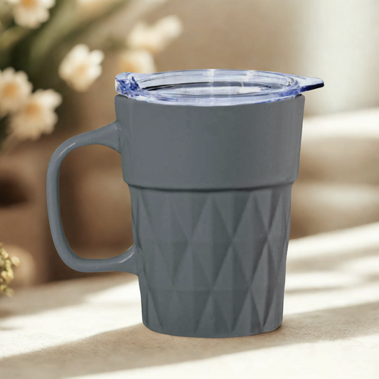 Clay Craft Jewel Diamond Pebble Grey Ceramic Mug with Acrylic Lid – 350 ml, Perfect for Tea, Coffee & Milk