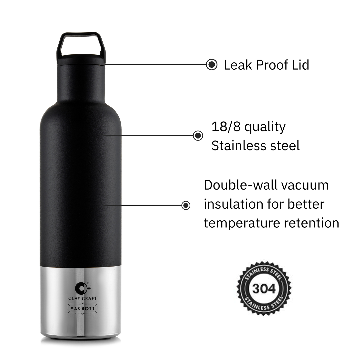 Vacbott Vacuum Bottle, Trekko Electro Double Walled 18 Hours Hot & 24 Hours Cold  Water Bottle Vacuum Insulated Hot & Cold Flask, 700/900ml