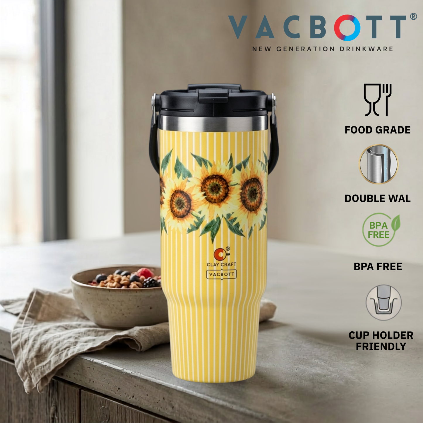 Vacbott Vacuum EverSip® Vintage Tumbler with Top Lid Handle 900 ml for Adults with Dual Flip Opening Sip-Swig Leakproof Lid for Office & Gym