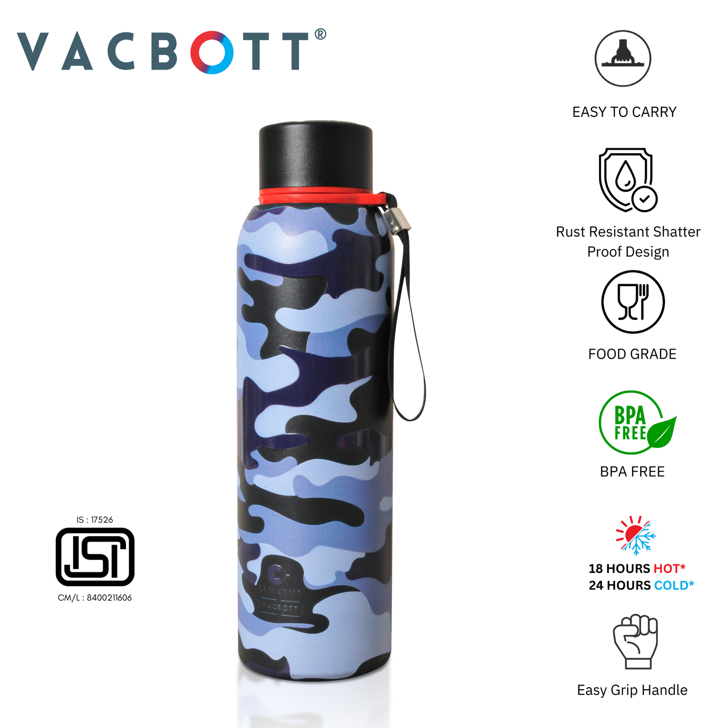 Vacbott Vacuum Bottle, Everest Military Double Walled 18 Hours Hot & 24 Hours Cold  Water Bottle Vacuum Insulated Hot & Cold Flask, 700ml