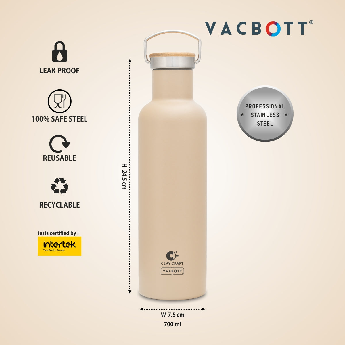 Vacbott Hiker Combo Set Double Walled 24 Hours Hot and Cold Water Bottle, 700ml, with Single Walled VIctor Mug (2 Pcs)