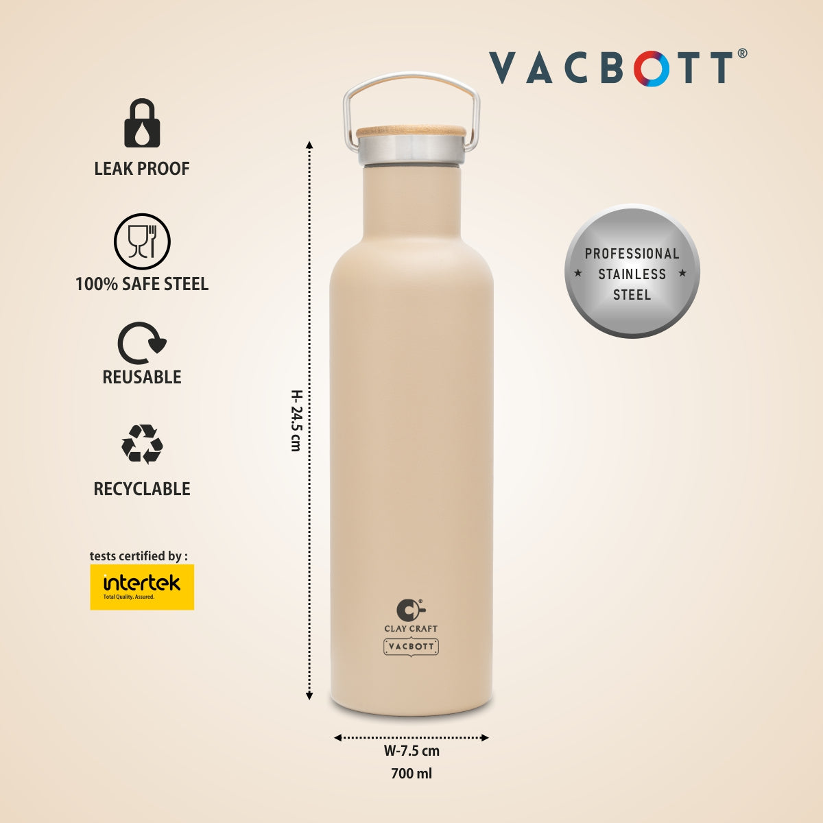 Vacbott Hiker Combo Set Double Walled 24 Hours Hot and Cold Water Bottle, BIS Certified, 700ml, with Single Walled Victor Mug (2 Pcs)