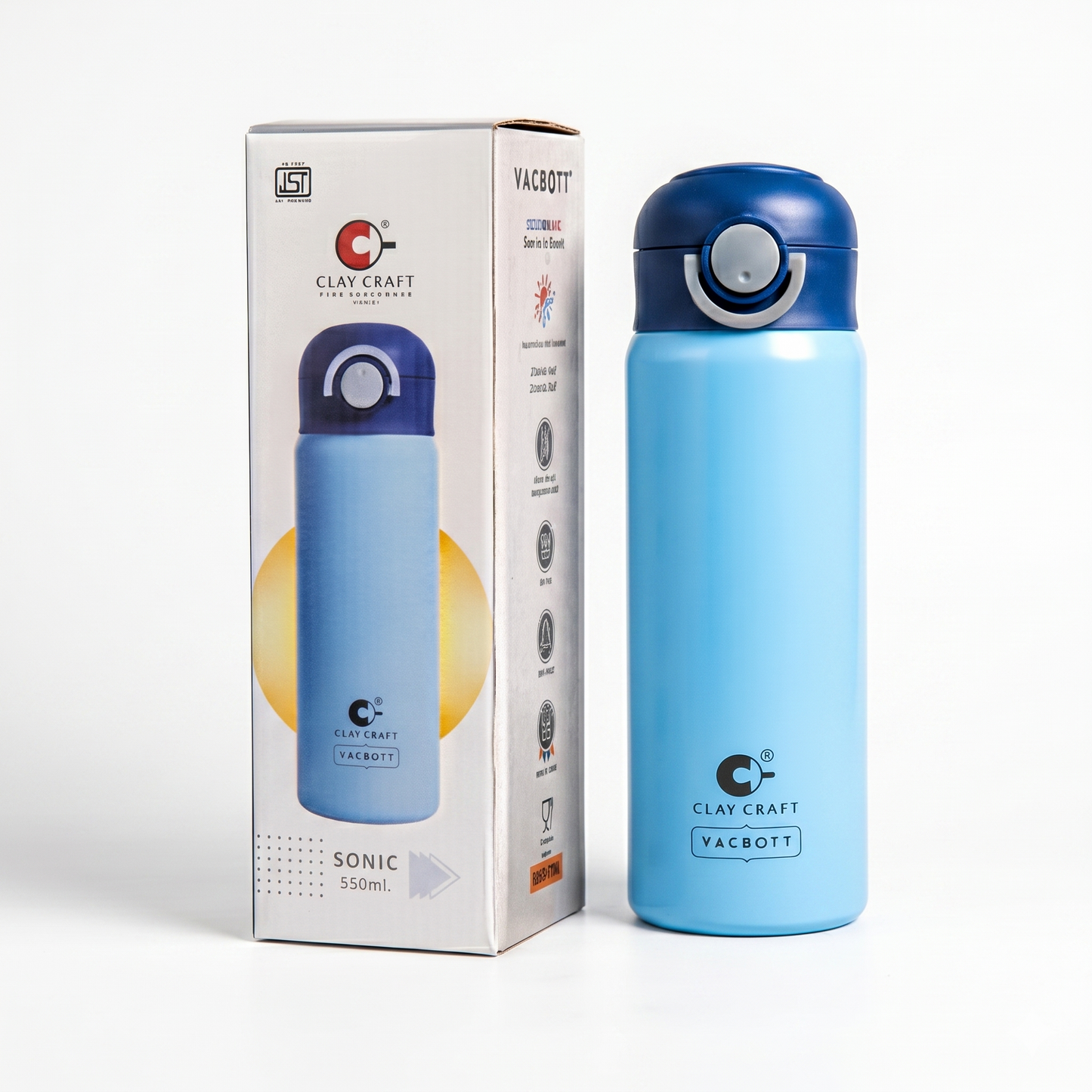 Vacbott Sonic Pro One-Touch Lid Vacuum Insulated Double Walled Water Bottle 18 Hrs Hot & 24 Hrs Cold Stainless Steel Flask, BIS Certified, 500ml