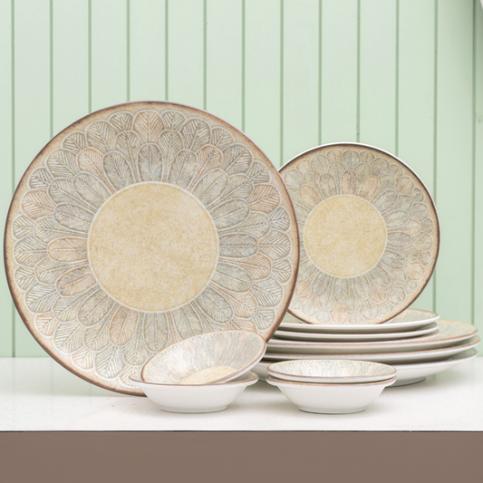 Textures Aroma Porcelain Dinner Set- 12 piece, For Family of 4