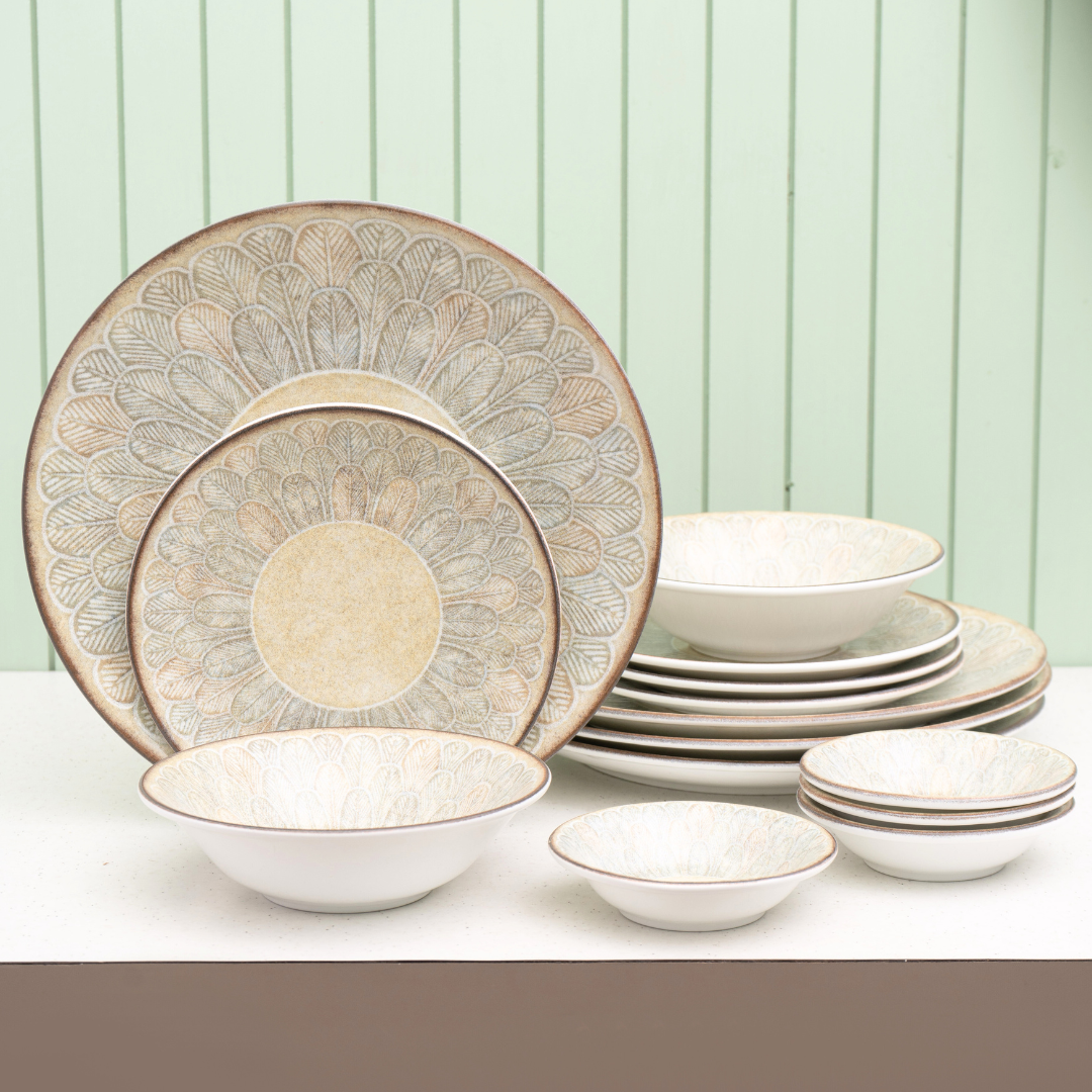 Textures Aroma Porcelain Dinner Set- 14 piece, For Family of 4