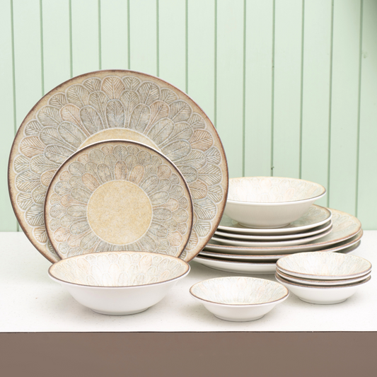 Textures Aroma Porcelain Dinner Set- 14 piece, For Family of 4