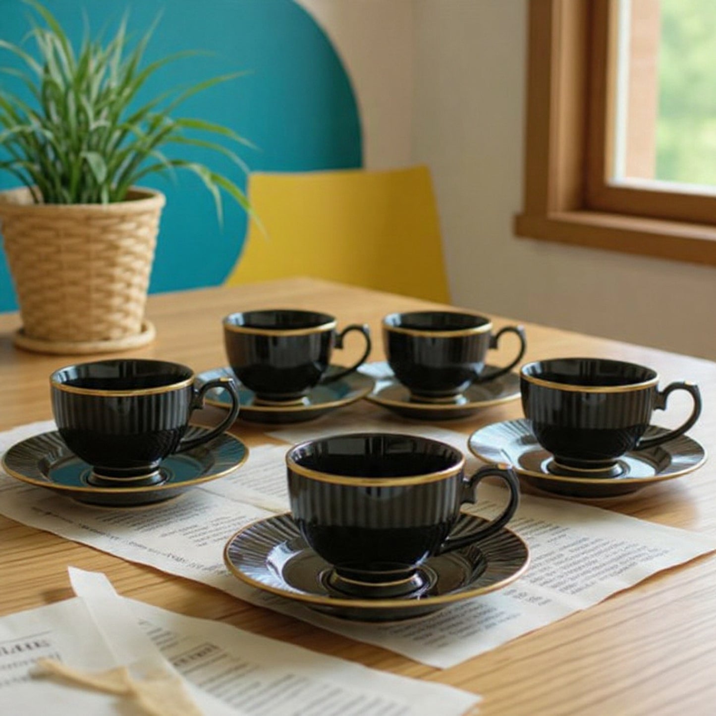 Clay Craft Julie Impression Cup & Saucer, Set of 12 (6 Cups + 6 Saucers), 170 ml, (Black)