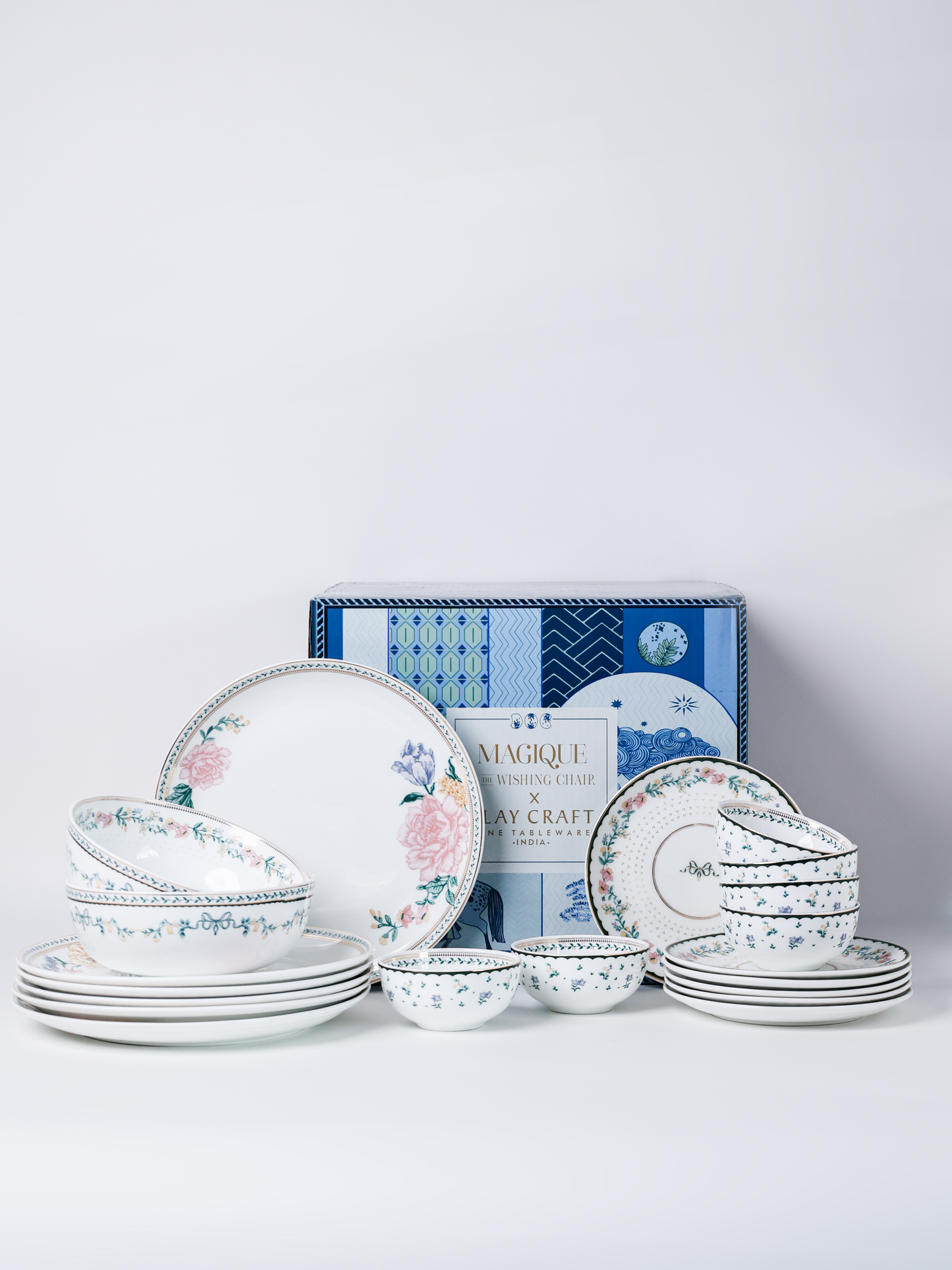 Magique by The Wishing Chair x Clay Craft,  Emerald Ribbon Urmi Dinner Set of 20, For Family of 6 (T03)