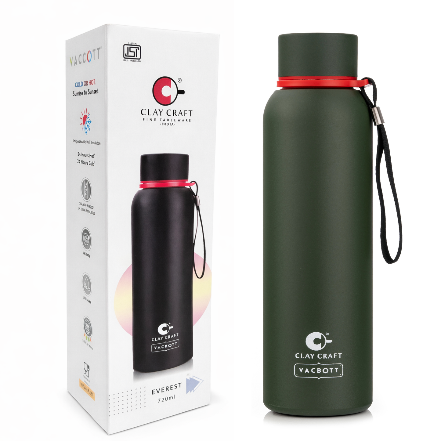 Vacbott Everest Vacuum Insulated Double Walled Water Bottle 18 Hrs Hot & 24 Hrs Cold Stainless Steel Flask, BIS Certified, 500/700/1000ml